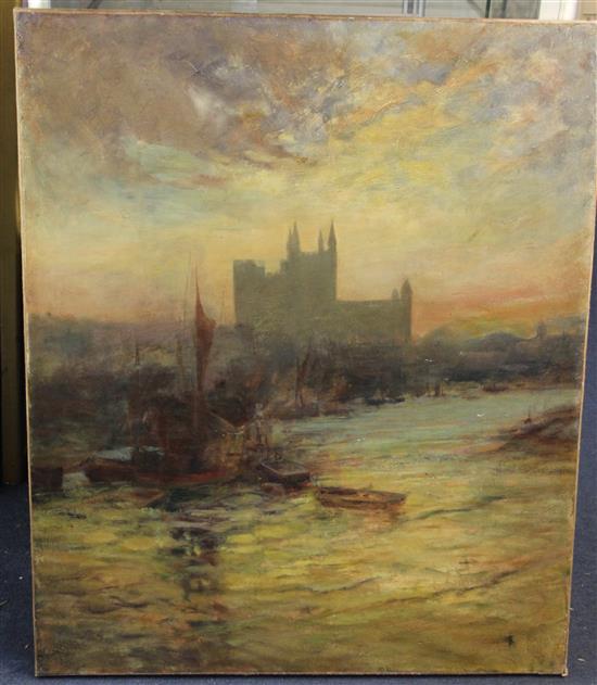 Attributed to Edwin Fletcher (1851-1945) Cathedral viewed from the river 30 x 25in., unframed